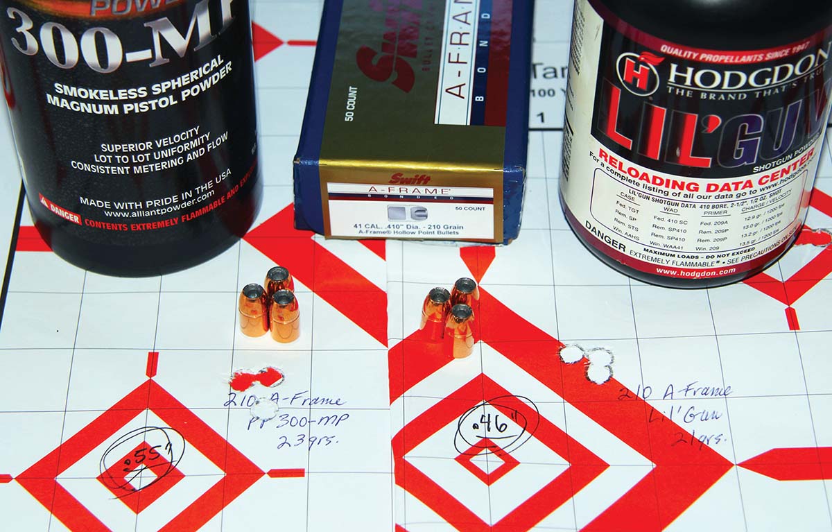 While the revolver did not care for Hodgdon Lil’Gun and Alliant Power Pro 300-MP, the Henry produced great groups with both. Twenty-three grains of 300-MP produced a .55-inch group at 1,871 fps, while 21 grains of Lil’Gun resulted in a .46-inch group at 1,830 fps.